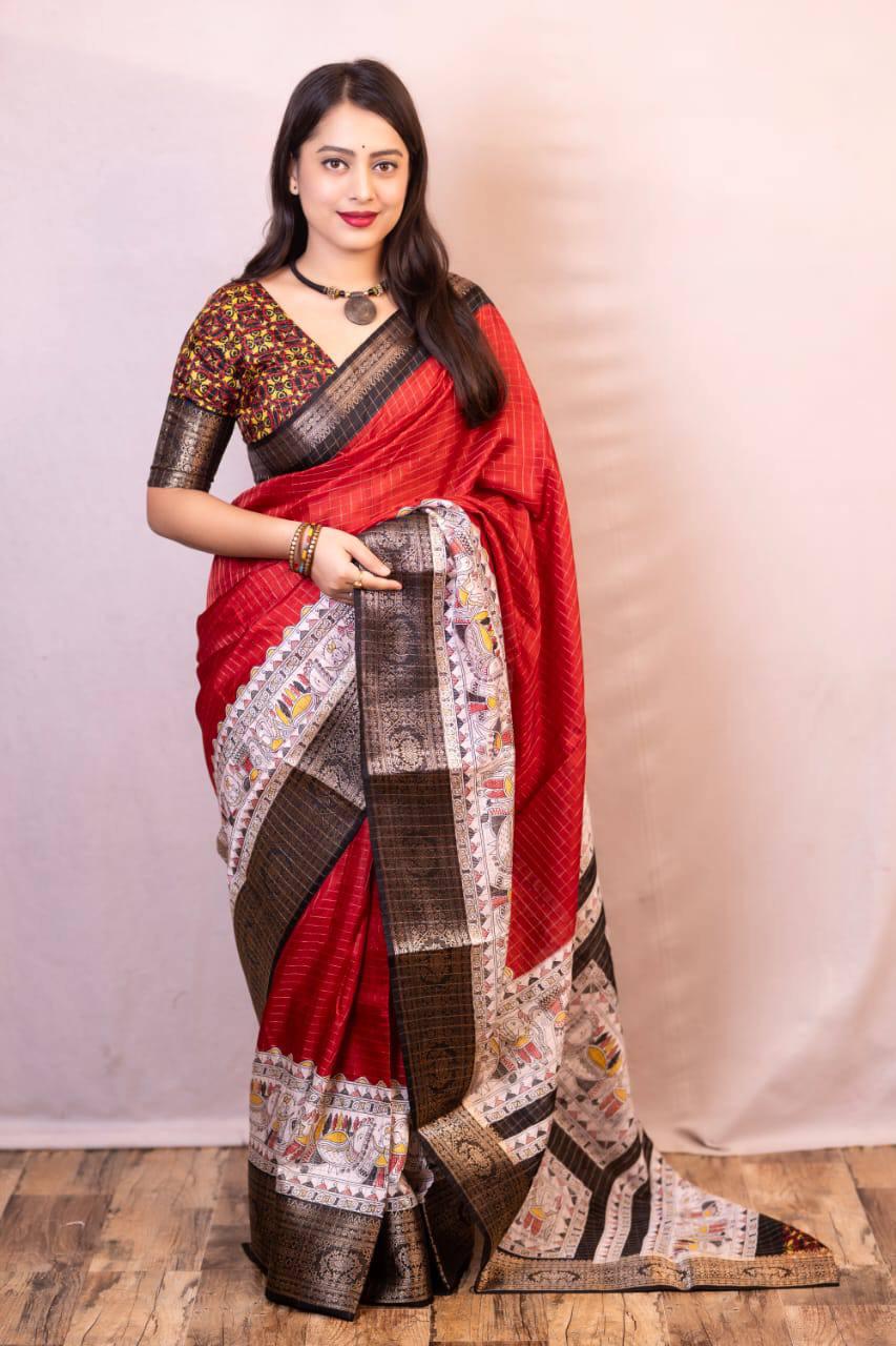 Red Dola Silk Saree With Beautiful Madhubani Printed Pallu Work | Traditional Wedding Wear – JaipurSaaj