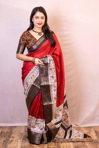 Red Dola Silk Saree With Beautiful Madhubani Printed Pallu Work | Traditional Wedding Wear – JaipurSaaj