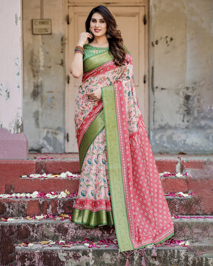 Blush Pink Digital Printed Tussar Silk Saree With Zari Motif Border | Designer Festive Ethnic Wear – JaipurSaaj