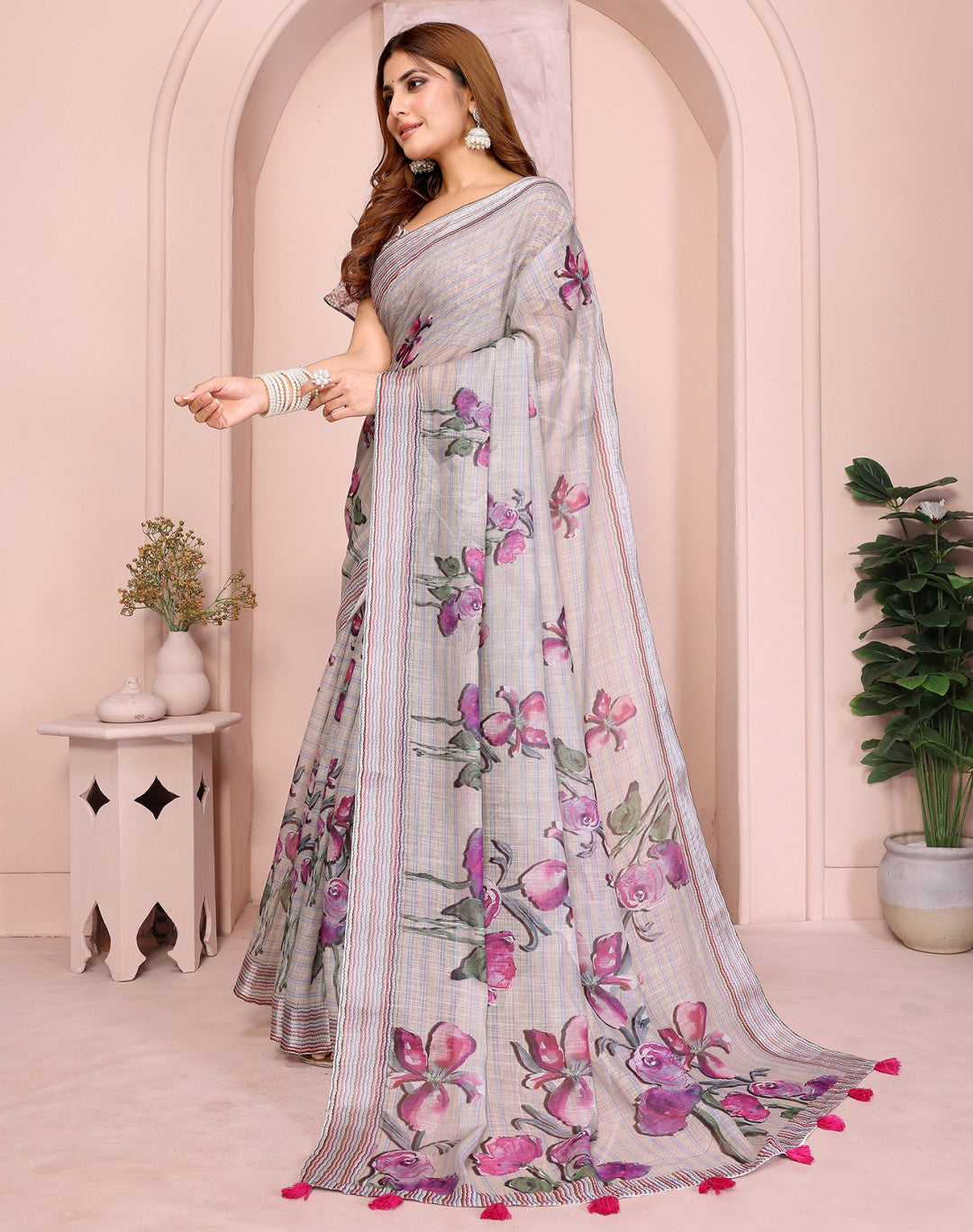 Multi Linen Cotton Saree With Digital Printed Work And Silver Zari Border