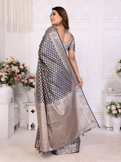 Gray Organza Silk Banarasi Saree With Zari Weaving Work | Bridal Wedding & Festive Wear – JaipurSaaj