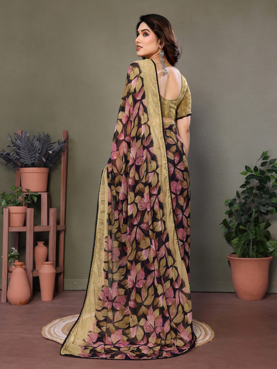 Beige Soft Chiffon Saree With Printed Work And Lace Border