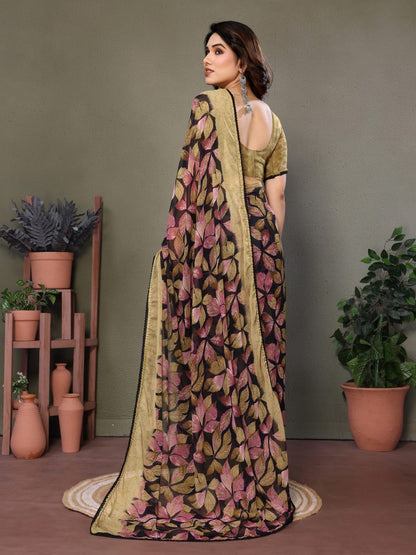 Beige Soft Chiffon Saree With Printed Work And Lace Border