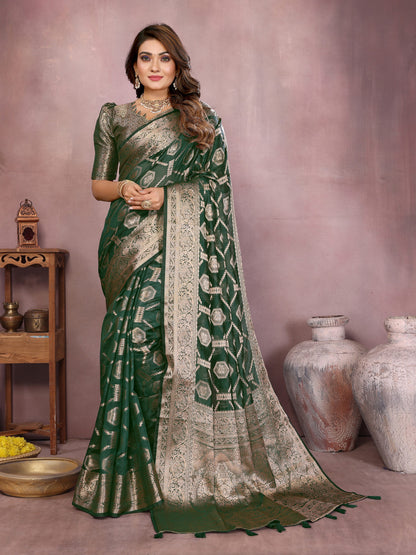 Green Organza Silk Banarasi Saree With Zari Weaving Work | Bridal Wedding & Festive Wear – JaipurSaaj