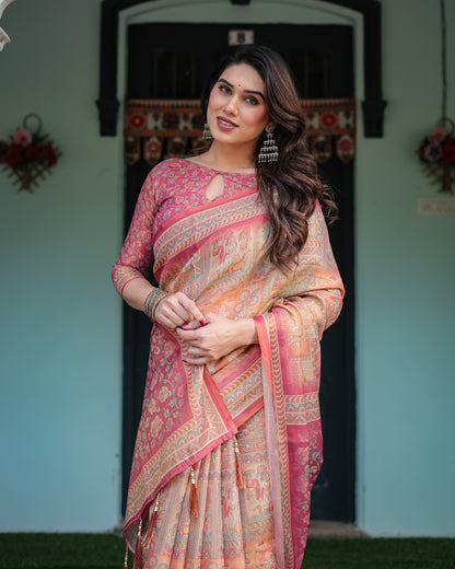 Multi Soft Linen Cotton Saree With Kalamkari Printed Work