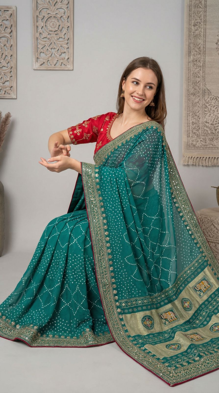 Firoji Vichitra Silk Saree With Khadi Bandhej Heavy Pallu & Zari Border | Wedding & Festive Wear – JaipurSaaj