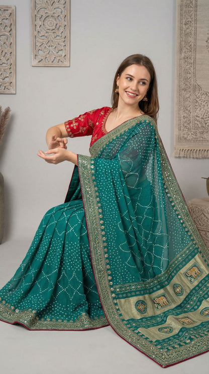 Firoji Vichitra Silk Saree With Khadi Bandhej Heavy Pallu & Zari Border | Wedding & Festive Wear – JaipurSaaj