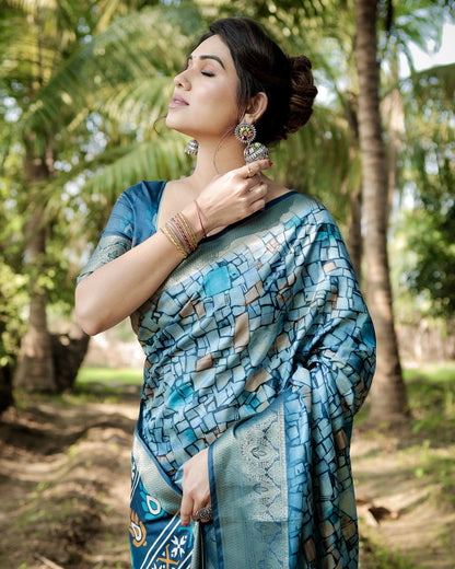 Rama Green Digital Printed Tussar Silk Saree With Zari Motif Border | Traditional Casual & Festive Wear – JaipurSaaj