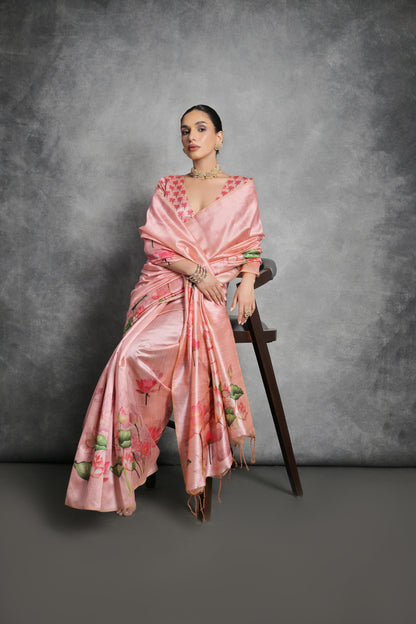 Peach Tussar Silk Saree with Lotus Floral Printed Work | Festive & Party Wear – JaipurSaaj