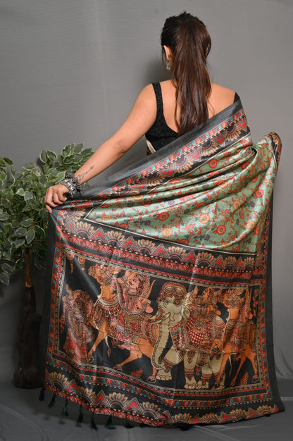 Sea Green Color Soft Silk Saree With Kalamkari Digital Printed Work