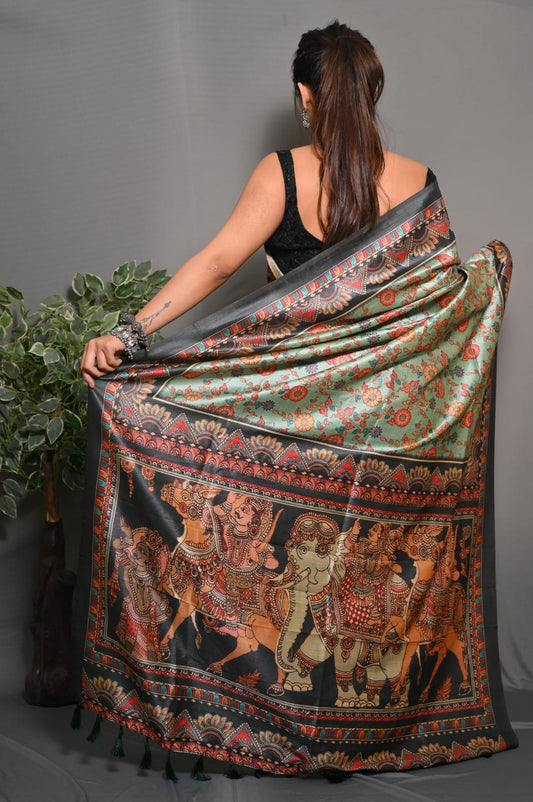 Sea Green Color Soft Silk Saree With Kalamkari Digital Printed Work