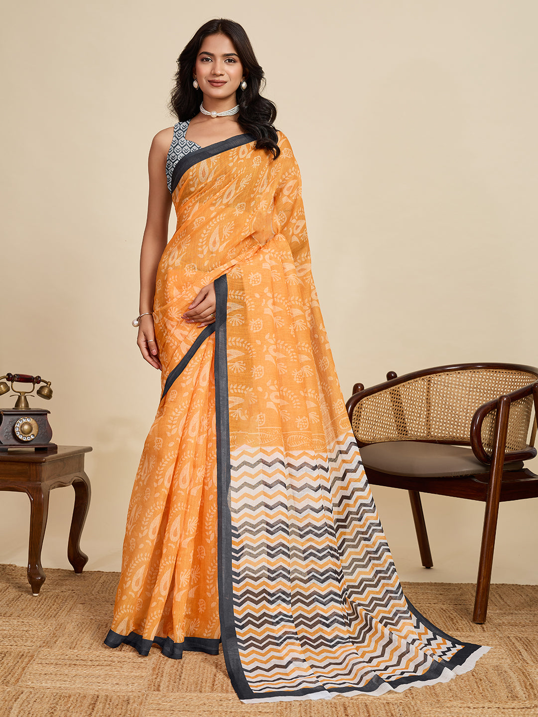 Yellow Linen Cotton Saree With Digital Printed Work And Silver Zari Border