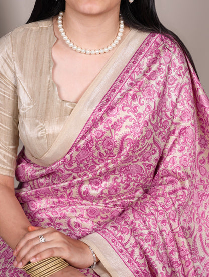 Pink Tussar Silk Saree With Graceful Printed Work | Festive Ethnic Wear – JaipurSaaj