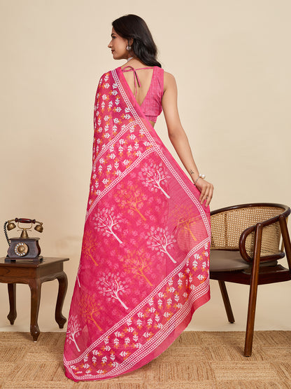 Pink Linen Cotton Saree With Digital Printed Work And Silver Zari Border | Lightweight Office & Daily Wear – JaipurSaaj