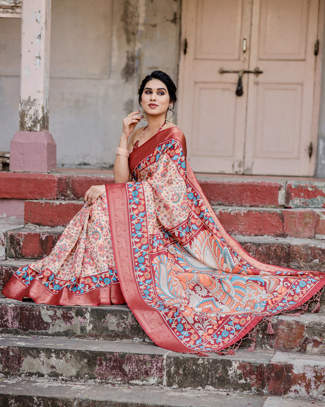 Multi Kalamakari Floral Printed Tussar Silk Saree With Zari Motif Border | Festive Ethnic Wear – JaipurSaaj