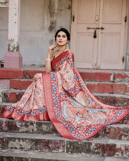 Multi Kalamakari Floral Printed Tussar Silk Saree With Zari Motif Border | Festive Ethnic Wear – JaipurSaaj