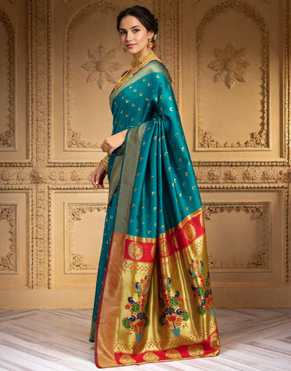 Traditional Firoji Chand Design Paithani Silk Saree With Zari Weaving Work