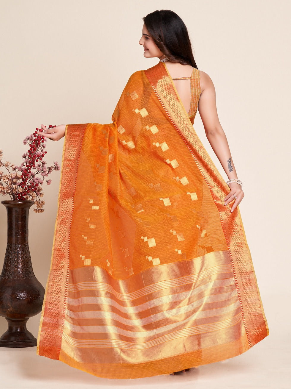 Orange Kota Doriya Saree With Zari Weaving Work | Lightweight Party Wear – JaipurSaaj