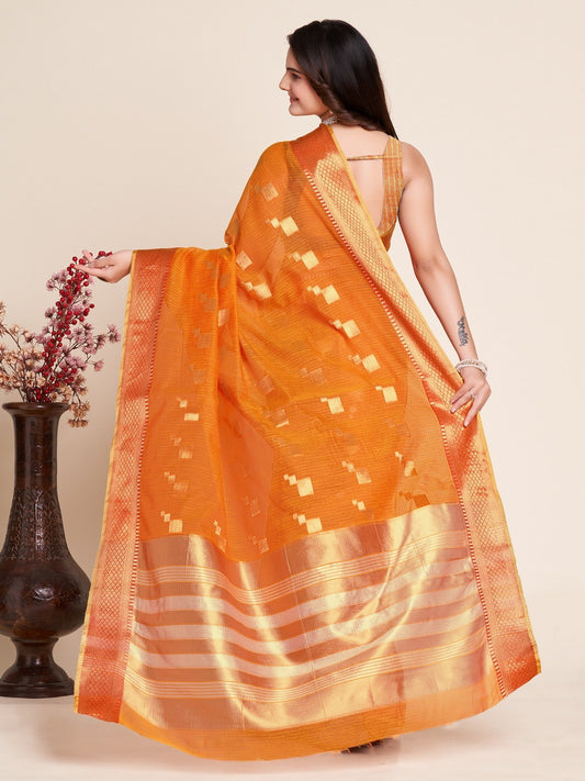 Orange Color Kota Doriya Saree With Zari Weaving Work