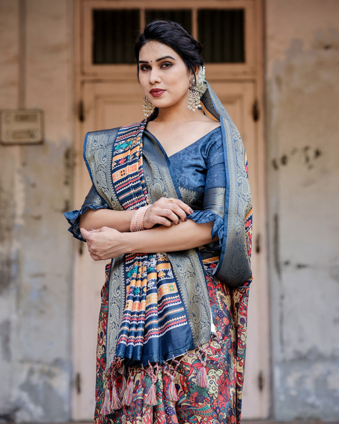 Mult Color Tussar Silk Saree With Digital Kalamkari Print & Zari Motif Border | Casual & Festive Wear – JaipurSaaj