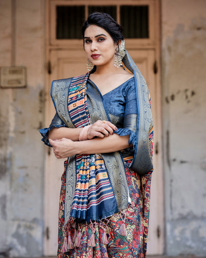 Mult Color Tussar Silk Saree With Digital Kalamkari Print & Zari Motif Border | Casual & Festive Wear – JaipurSaaj