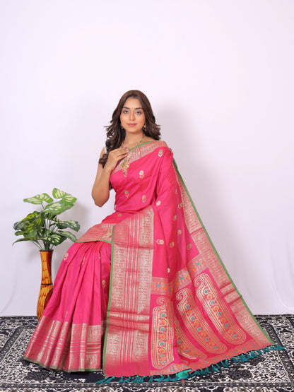 Pink Banarasi Silk Saree With Zari Weaving Work | Bridal Wedding Wear – JaipurSaaj