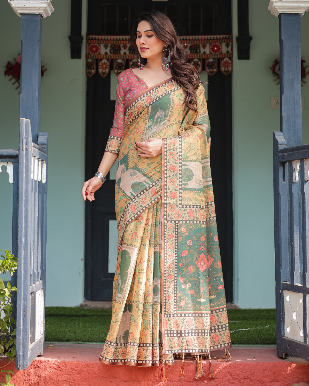 Light Yellow Soft Linen Cotton Saree With Kalamkari Printed Work