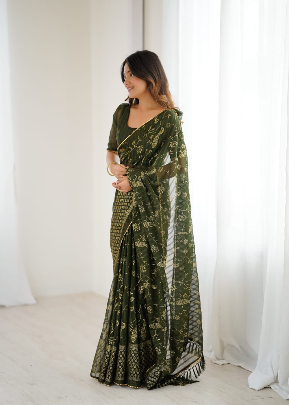 Mahendi Green Color Georgette Saree With Digital Printed Work And Lace Border