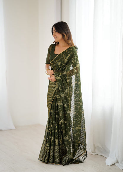 Mahendi Green Color Georgette Saree With Digital Printed Work And Lace Border
