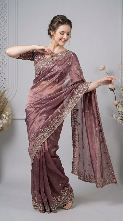 Lavender Fandy Chiffon Silk Saree With Sequin Work & Cut Work Border | Party & Reception Wear – JaipurSaaj