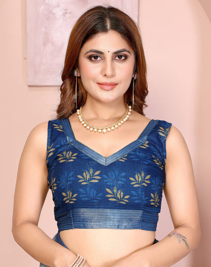 Multi Linen Cotton Saree With Digital Printed Work And Silver Zari Border