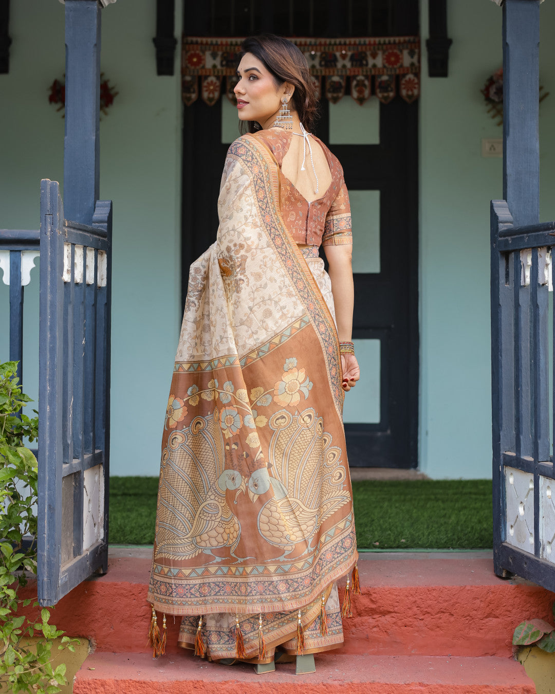 Beige Soft Linen Cotton Saree With Kalamkari Printed Work