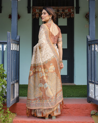 Beige Soft Linen Cotton Saree With Kalamkari Printed Work
