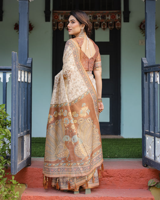Beige Soft Linen Cotton Saree With Kalamkari Printed Work