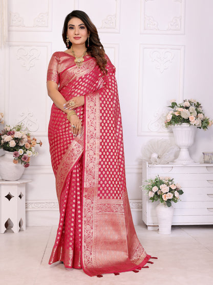 Pink Organza Silk Banarasi Saree With Zari Weaving Work | Bridal Wedding & Festive Wear – JaipurSaaj
