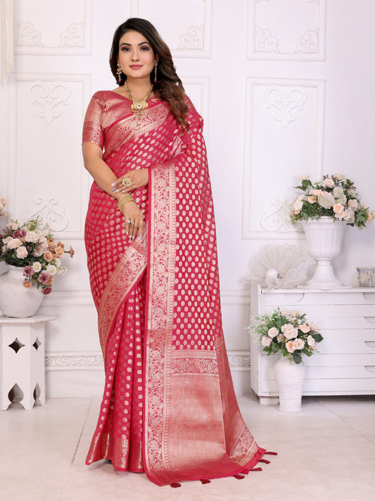 Pink Organza Silk Banarasi Saree With Zari Weaving Work | Bridal Wedding & Festive Wear – JaipurSaaj