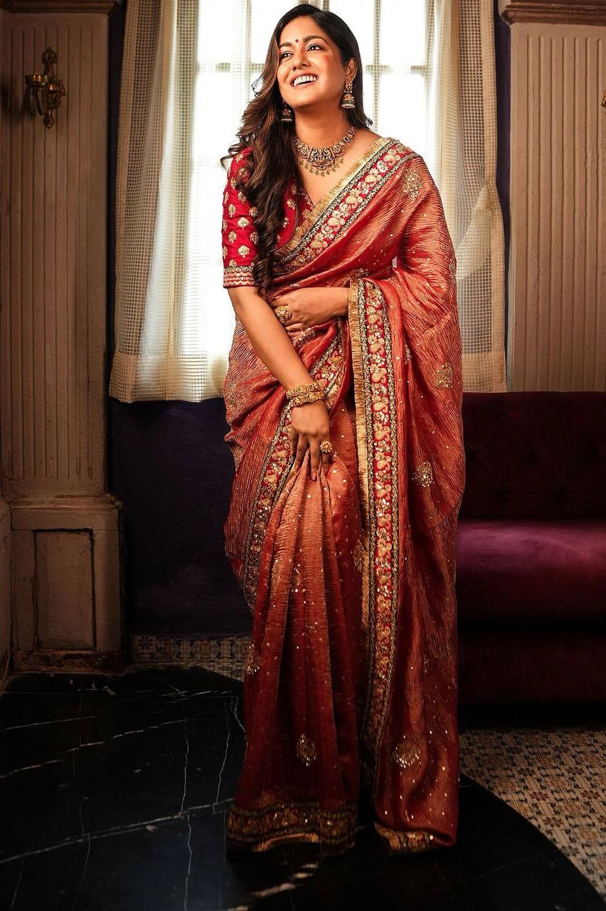 Red Crush Banarasi Silk Saree With Embroidery Work Lace Border | Bridal Wedding Wear – JaipurSaaj