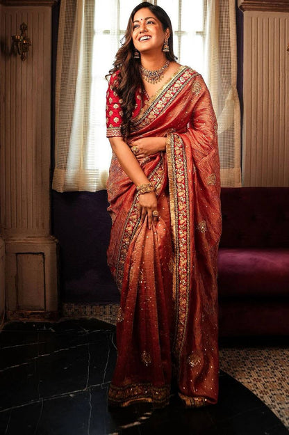 Red Crush Banarasi Silk Saree With Embroidery Work Lace Border | Bridal Wedding Wear – JaipurSaaj