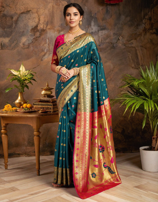 Traditional Teal Green Paithani Silk Saree With Zari Weaving Work