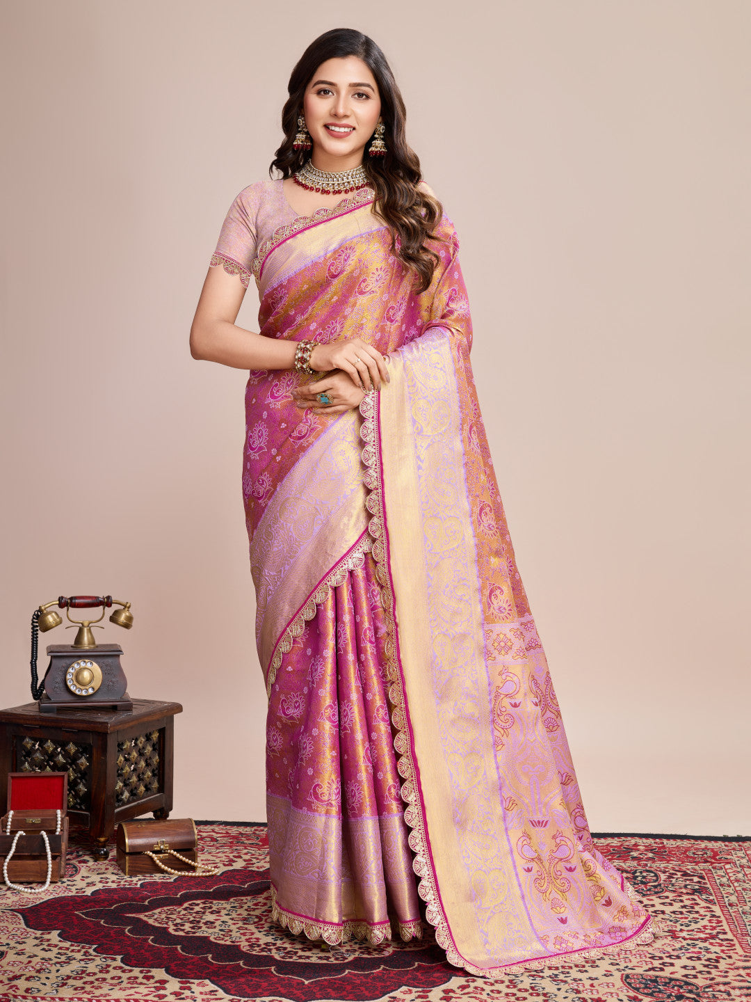 Pink Kanjivaram Silk Saree With Zari Weaving Work | Bridal Wedding Wear – JaipurSaaj