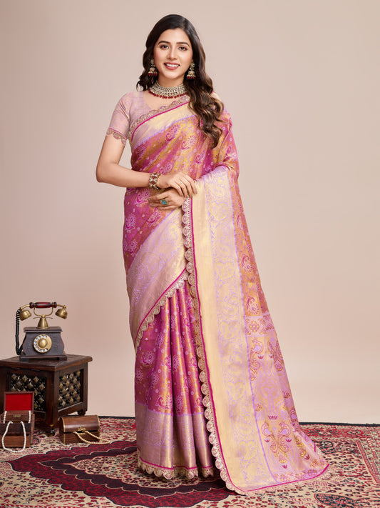 Pink Kanjivaram Silk Saree With Zari Weaving Work | Bridal Wedding Wear – JaipurSaaj