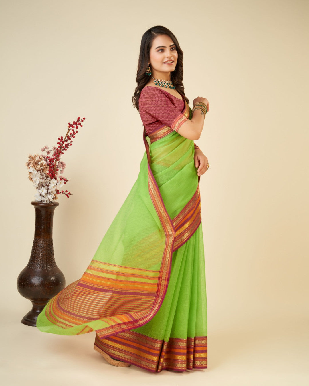 Parrot Green Doriya Cotton Saree With Woven Design | Lightweight Daily Wear – JaipurSaaj