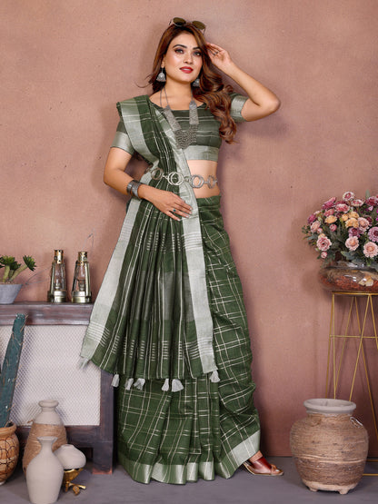 Green Linen Cotton Saree With Silver Zari Border