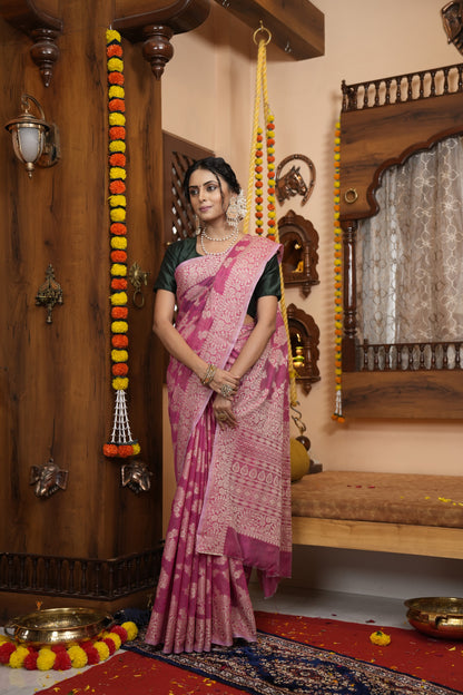 Pink Soft Cotton Saree With Lucknowi Work