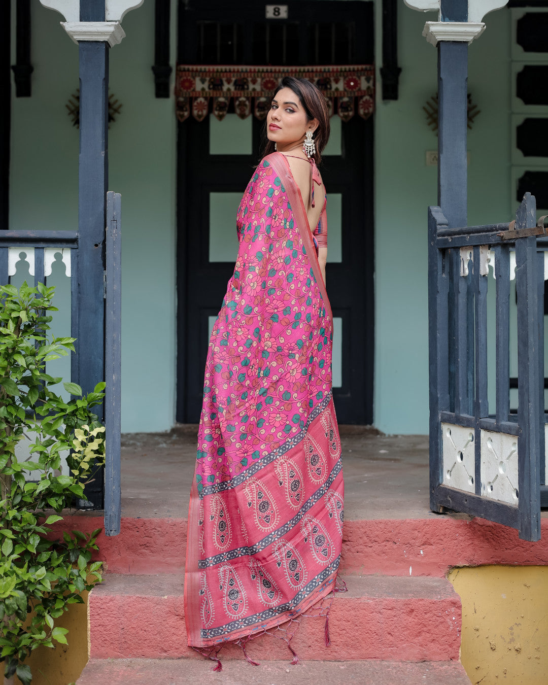 Pink Floral Digital Printed Linen Cotton Saree