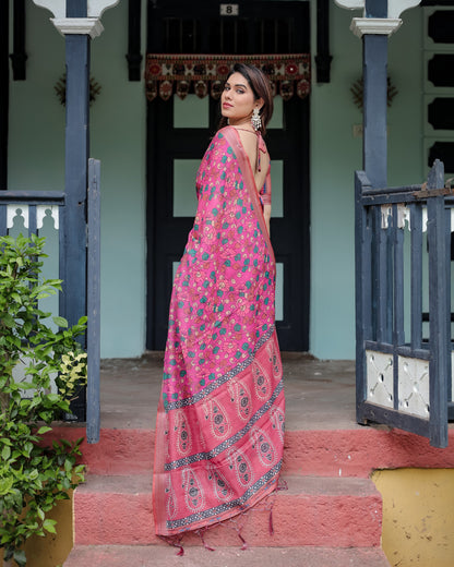 Pink Floral Digital Printed Linen Cotton Saree