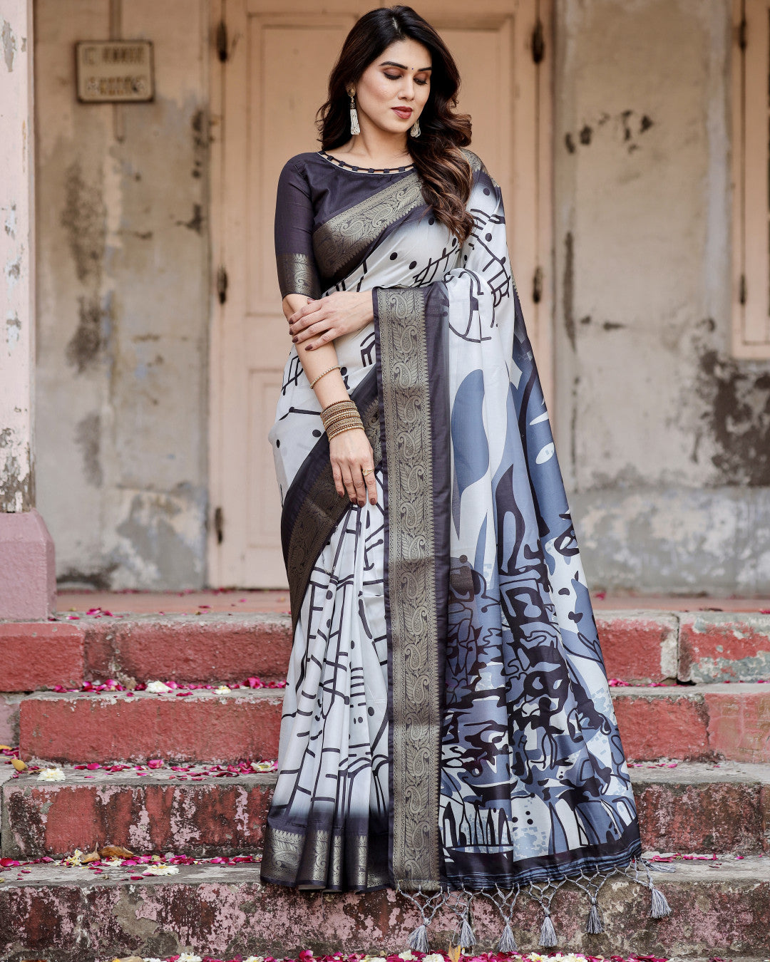Multi Color Digital Printed Tussar Silk Saree With Zari Motif Border | Designer Festive Ethnic Wear – JaipurSaaj