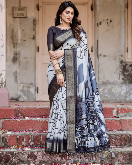 Multi Color Digital Printed Tussar Silk Saree With Zari Motif Border | Designer Festive Ethnic Wear – JaipurSaaj