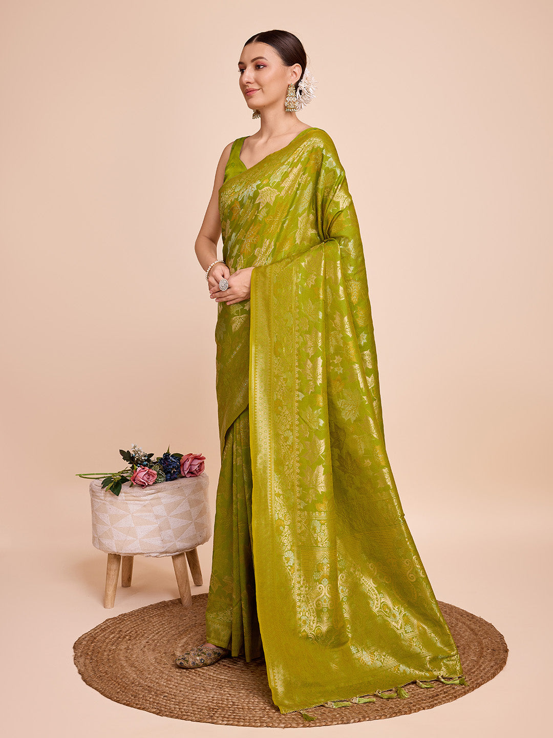 Golden & Copper Zari Weaving With Mahendi Green Soft Silk Banarasi Saree | Party & Wedding Wear - JaipurSaaj