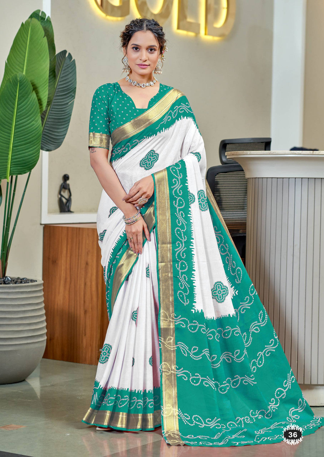 Mint Green Mulmul Cotton Saree With Bandhani Block Print & Zari Border | Ethnic Festive Wear – JaipurSaaj